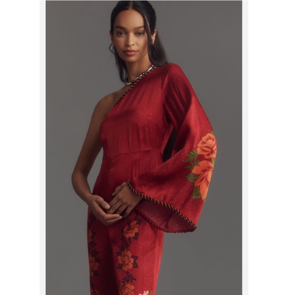 FARM RIO X ANTHROPOLOGIE ONE-SHOULDER PRINTED SATIN JUMPSUIT - Picture 4 of 14